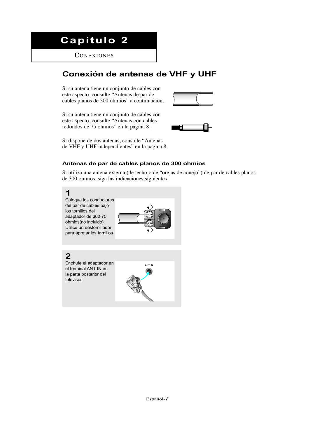 Samsung LN-R267W, LN-R3228W, LN-R237W manual Conexión de antenas de VHF y UHF, Antenas de par de cables planos de 300 ohmios 