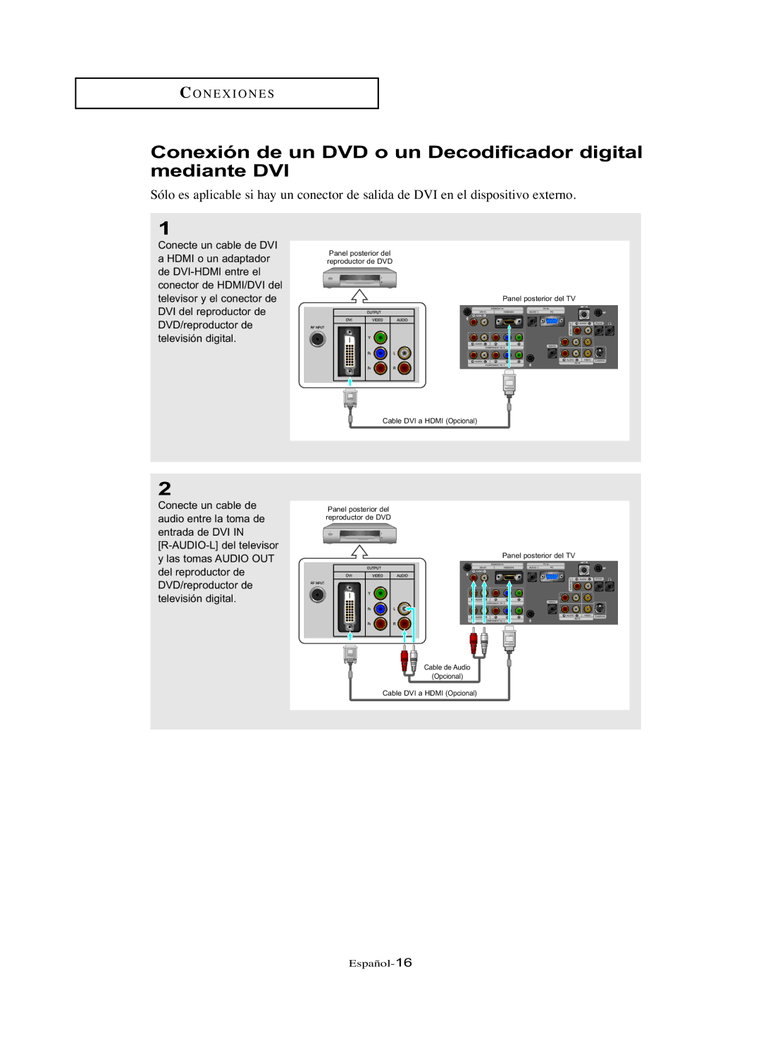 Samsung LN-R237W, LN-R3228W, LN-R267W, LN-R327W, LN-R2668W manual Conexión de un DVD o un Decodificador digital mediante DVI 