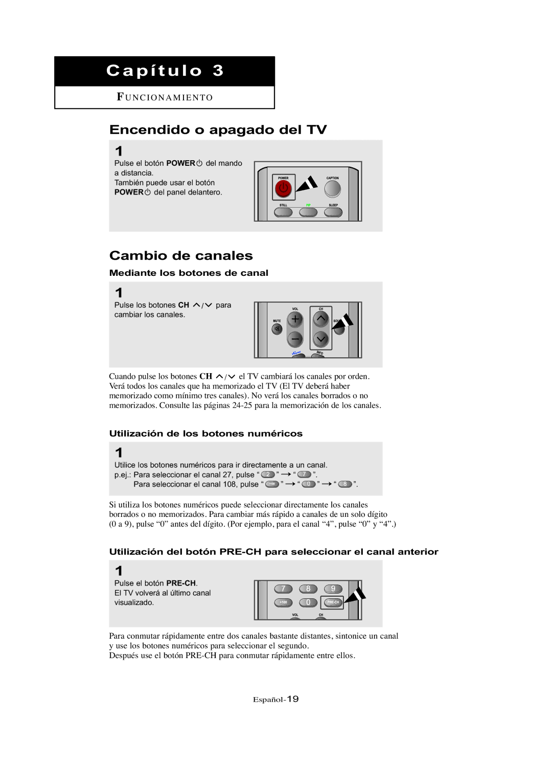 Samsung LN-R2668W, LN-R3228W, LN-R237W manual Encendido o apagado del TV, Cambio de canales, Mediante los botones de canal 