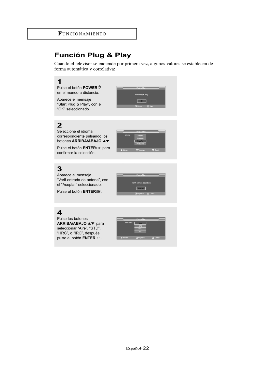 Samsung LN-R267W, LN-R3228W, LN-R237W, LN-R327W, LN-R2668W manual Función Plug & Play 