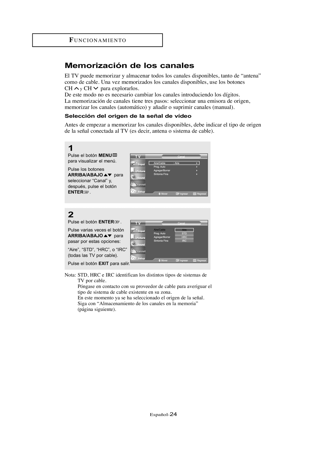 Samsung LN-R2668W, LN-R3228W, LN-R237W, LN-R267W manual Memorización de los canales, Selección del origen de la señal de vídeo 