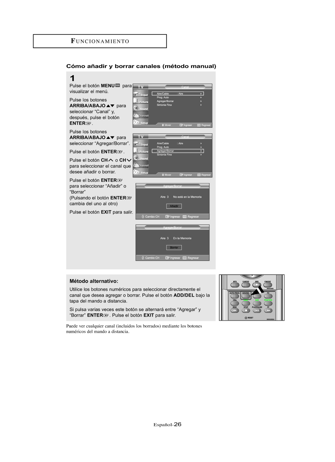 Samsung LN-R237W, LN-R3228W, LN-R267W, LN-R327W, LN-R2668W Cómo añadir y borrar canales método manual 