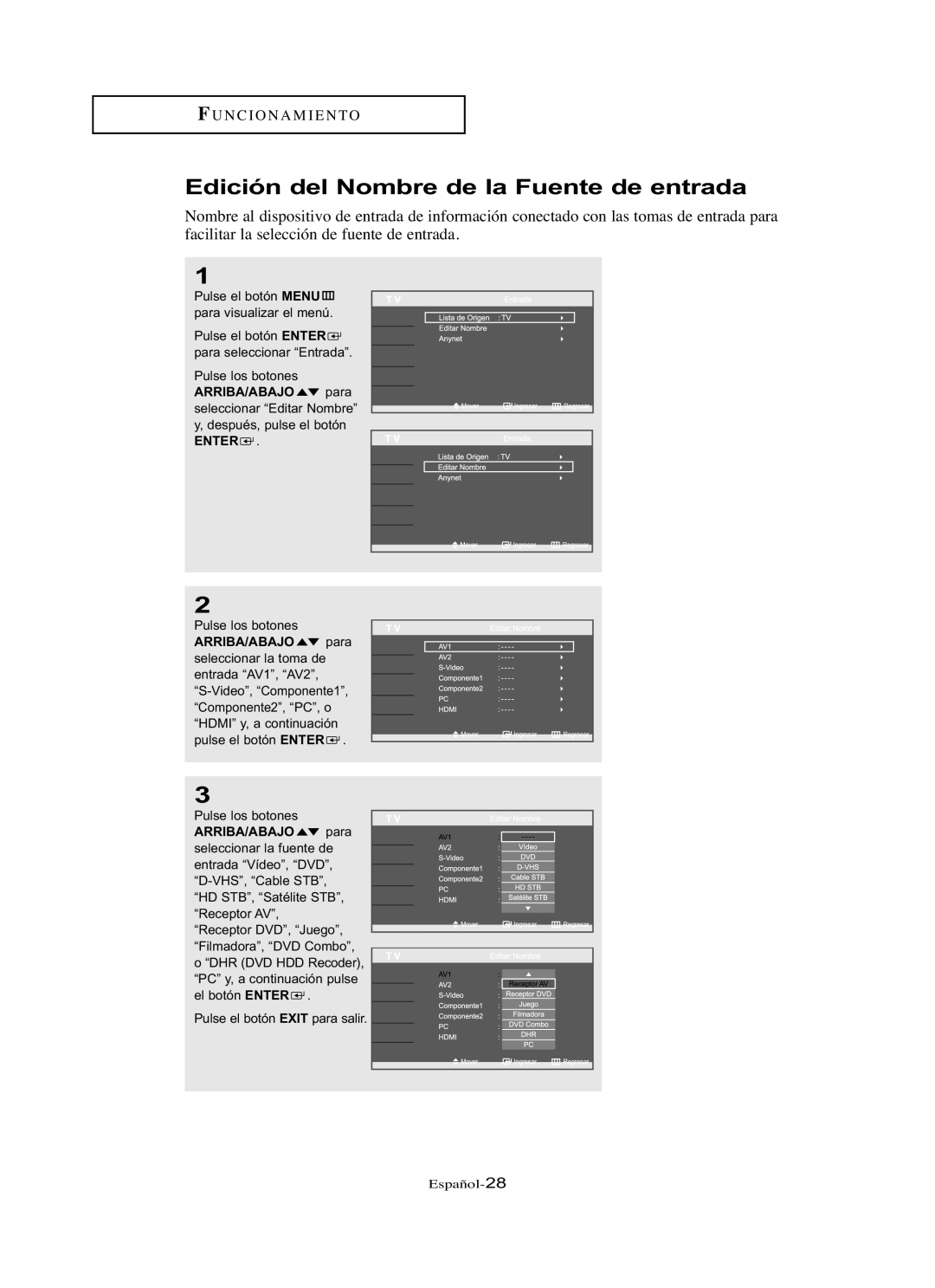 Samsung LN-R327W, LN-R3228W, LN-R237W, LN-R267W, LN-R2668W manual Edición del Nombre de la Fuente de entrada 