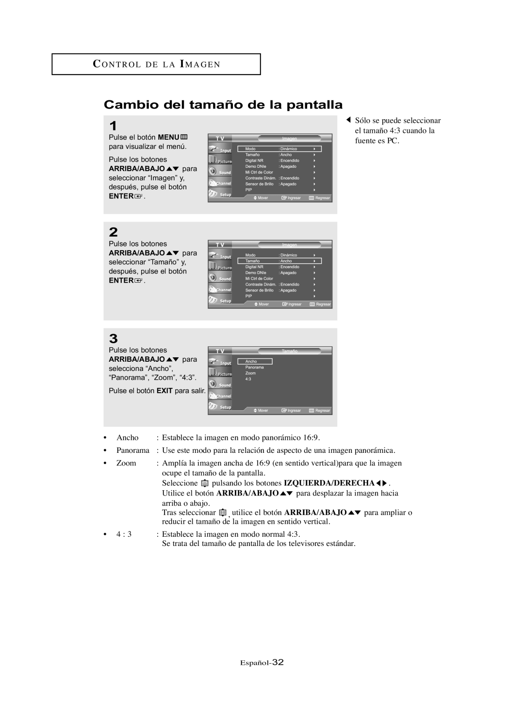 Samsung LN-R267W, LN-R3228W, LN-R237W, LN-R327W, LN-R2668W manual Cambio del tamaño de la pantalla 