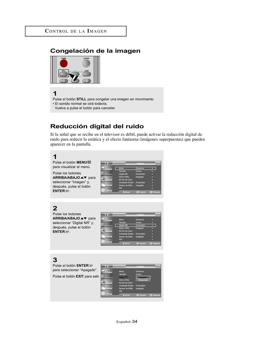 Samsung LN-R2668W, LN-R3228W, LN-R237W, LN-R267W, LN-R327W manual Congelación de la imagen, Reducción digital del ruido 