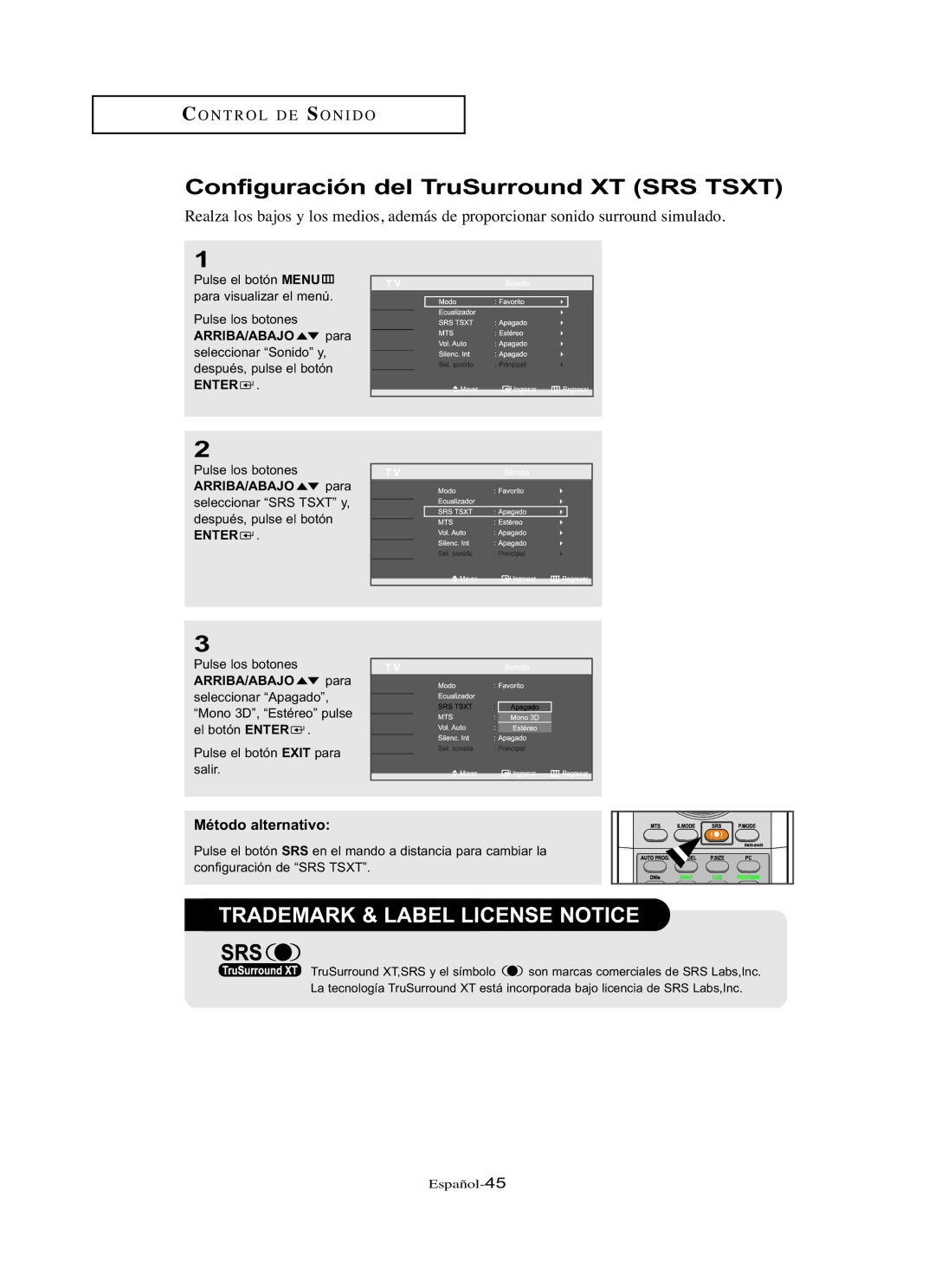 Samsung LN-R3228W, LN-R237W, LN-R267W, LN-R327W Configuración del TruSurround XT SRS Tsxt, Trademark & Label License Notice 