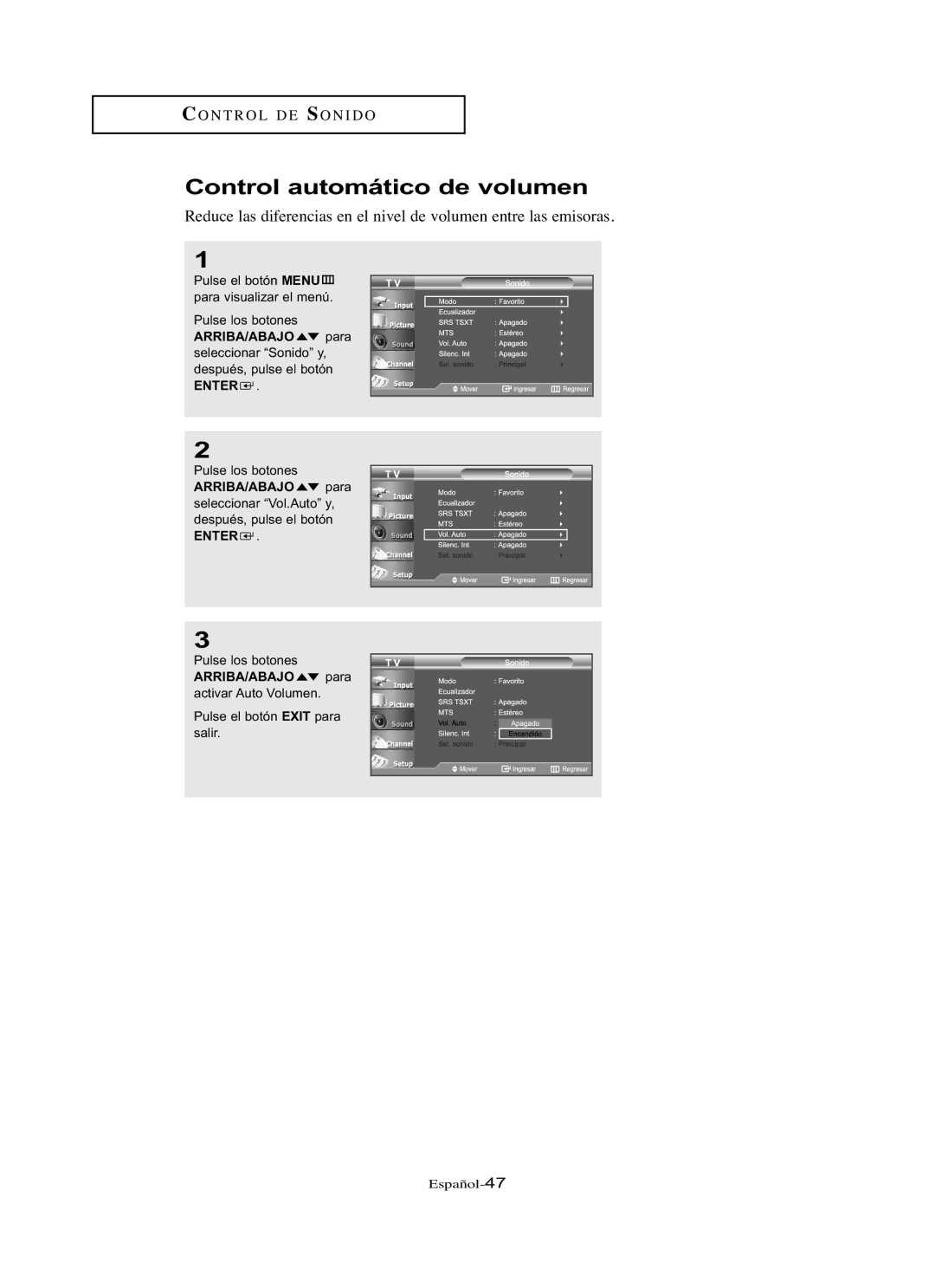 Samsung LN-R267W, LN-R3228W, LN-R237W, LN-R327W, LN-R2668W manual Control automático de volumen 