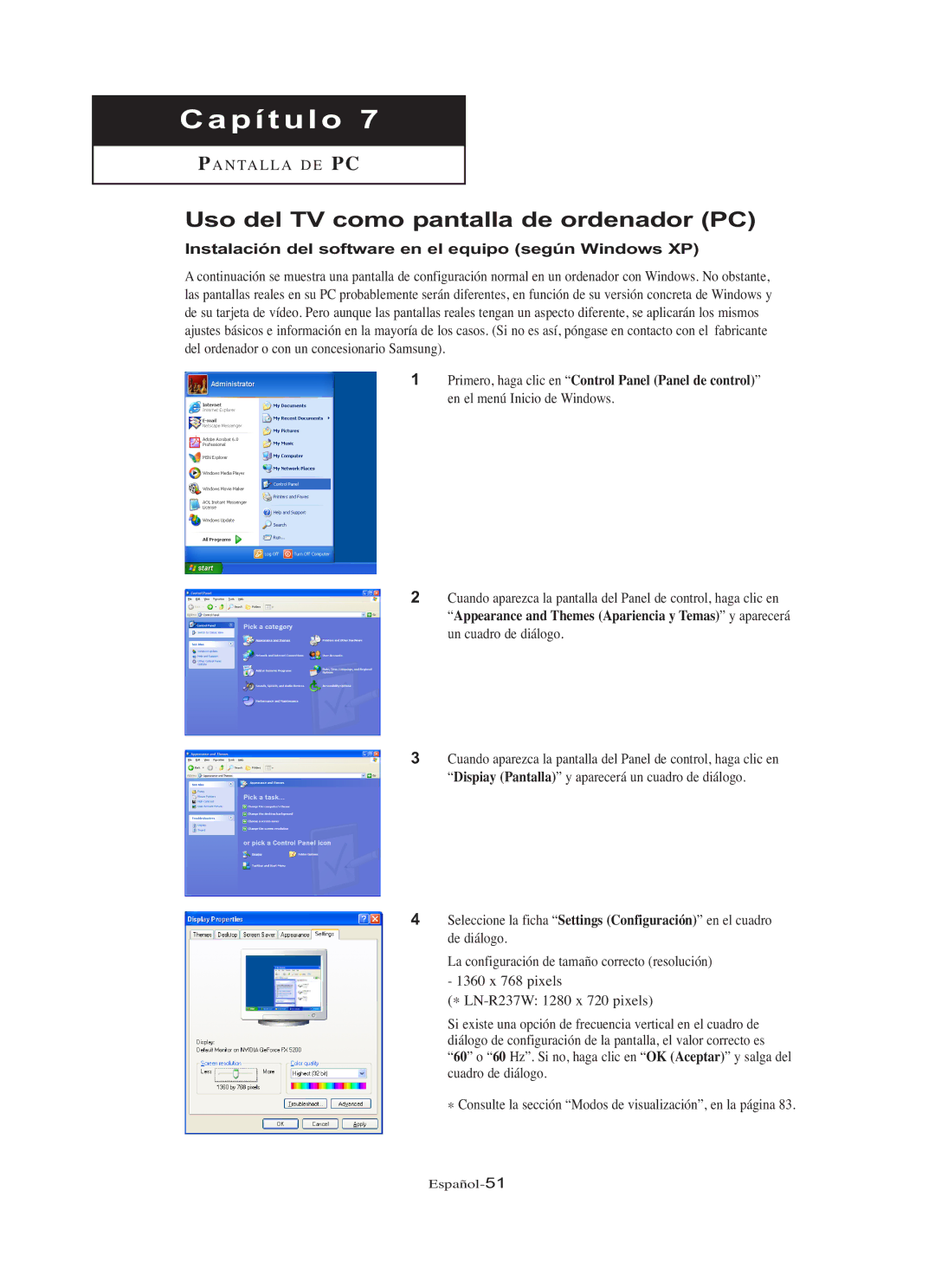 Samsung LN-R237W manual Uso del TV como pantalla de ordenador PC, Instalación del software en el equipo según Windows XP 