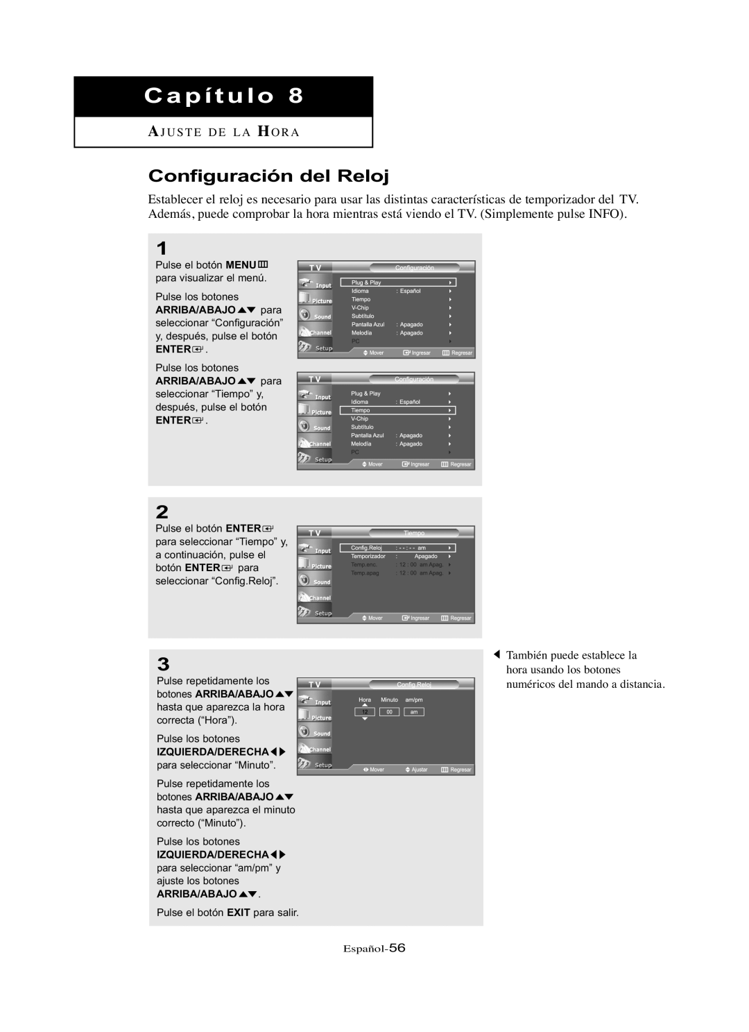 Samsung LN-R237W, LN-R3228W, LN-R267W, LN-R327W, LN-R2668W manual Configuración del Reloj 