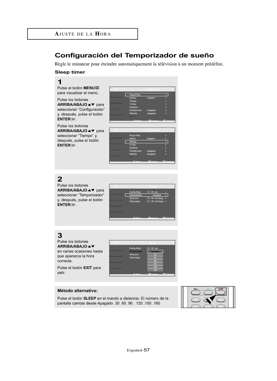 Samsung LN-R267W, LN-R3228W, LN-R237W, LN-R327W, LN-R2668W manual Configuración del Temporizador de sueño, Sleep timer 