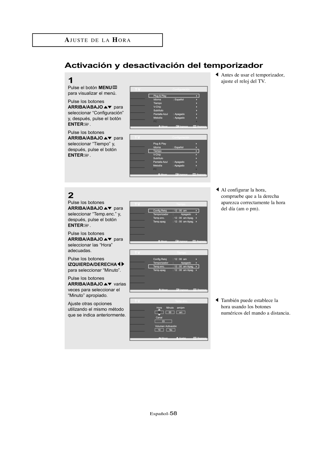 Samsung LN-R327W manual Activación y desactivación del temporizador, Antes de usar el temporizador, ajuste el reloj del TV 