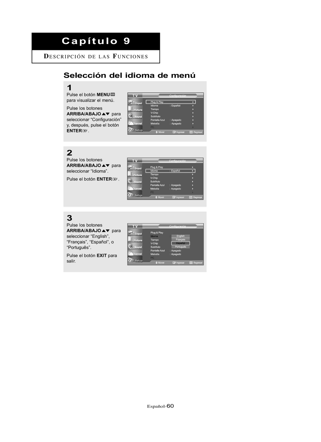 Samsung LN-R3228W, LN-R237W, LN-R267W, LN-R327W, LN-R2668W manual Selección del idioma de menú 