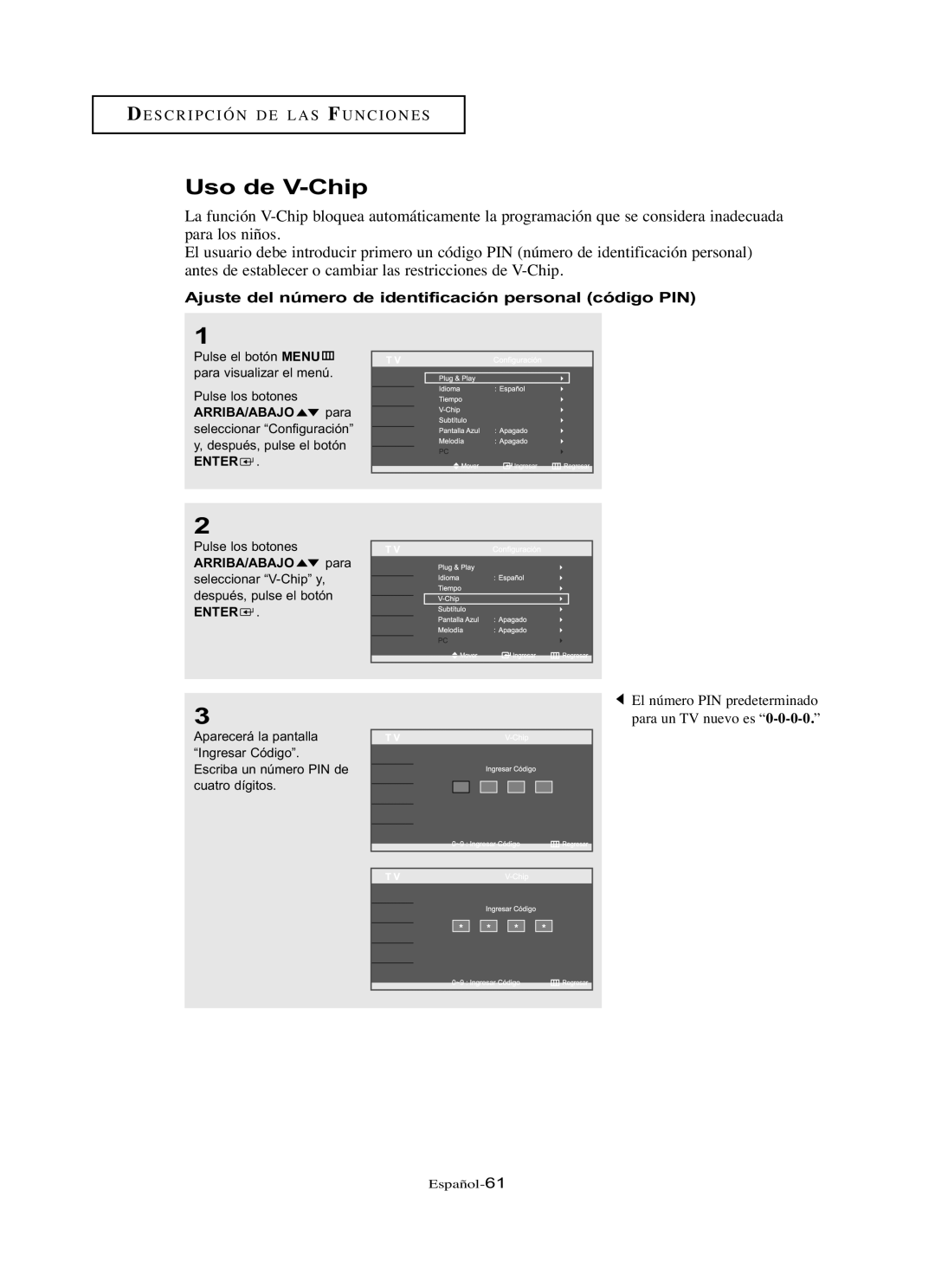 Samsung LN-R237W, LN-R3228W, LN-R267W, LN-R327W manual Uso de V-Chip, Ajuste del número de identificación personal código PIN 