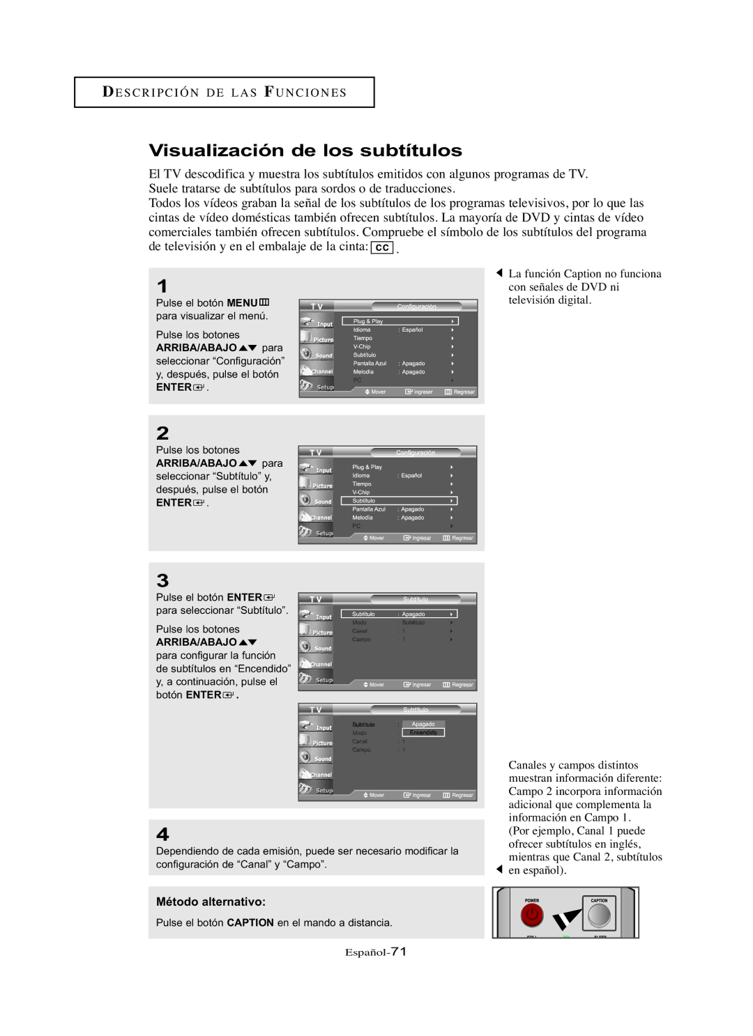 Samsung LN-R237W, LN-R3228W, LN-R267W, LN-R327W, LN-R2668W manual Visualización de los subtítulos, Método alternativo 