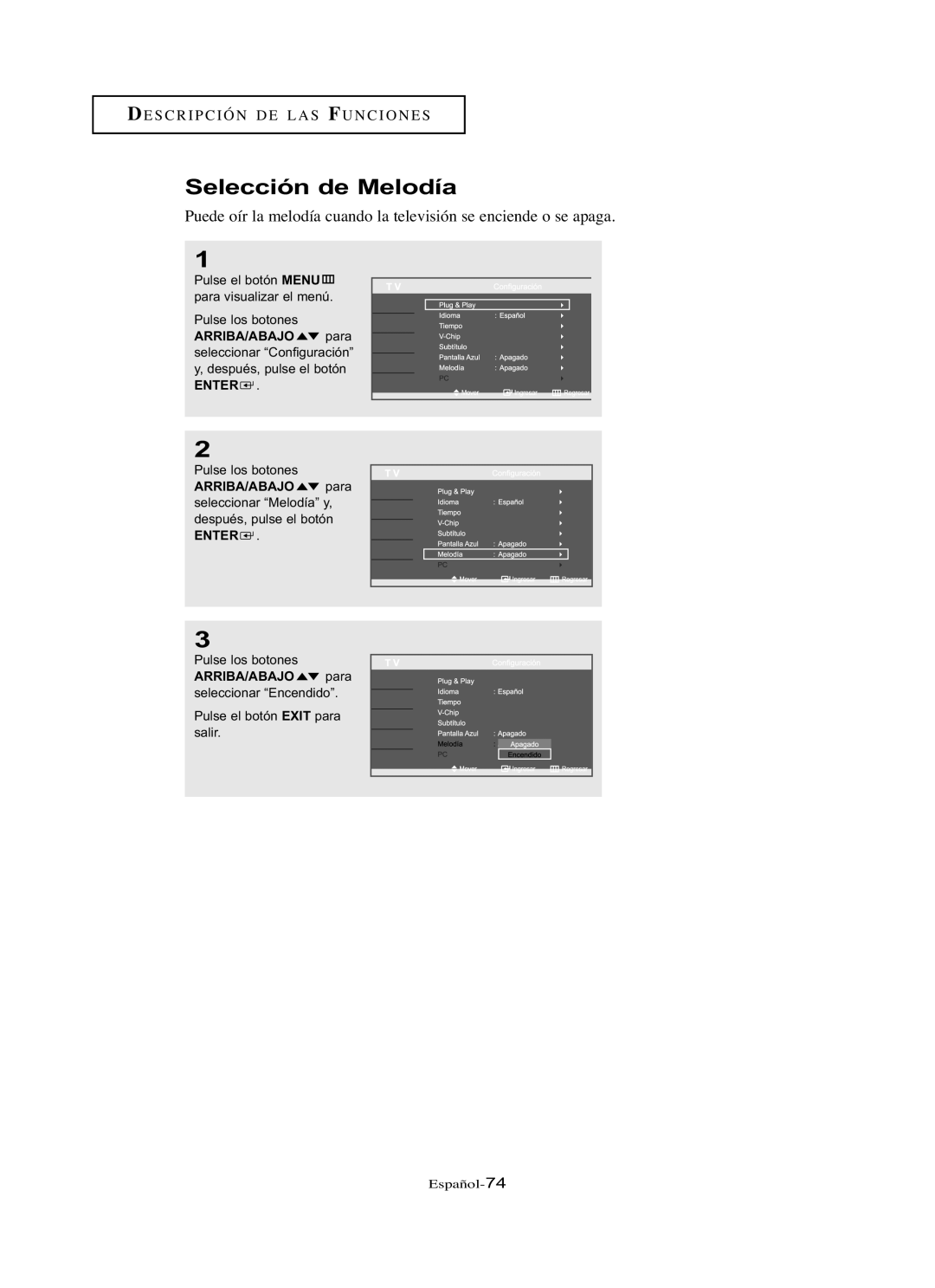 Samsung LN-R2668W, LN-R3228W, LN-R237W, LN-R267W, LN-R327W manual Selección de Melodía 