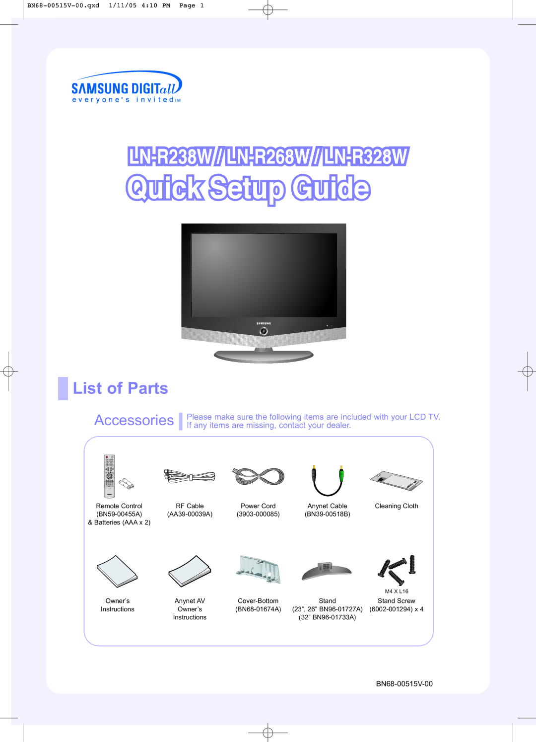 Samsung LN-R268W, LN-R328W manual List of Parts, Remote Control RF Cable, Anynet Cable Cleaning Cloth, 3903-000085 