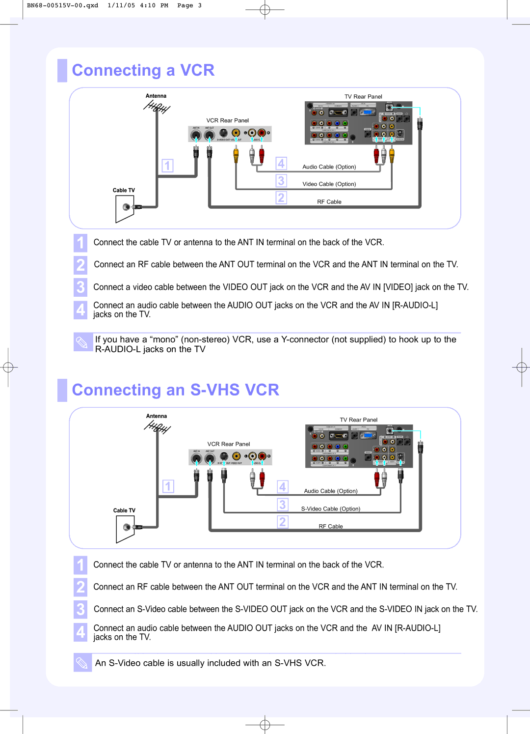 Samsung LN-R328W, LN-R268W, LN-R238W manual Connecting a VCR, Connecting an S-VHS VCR 