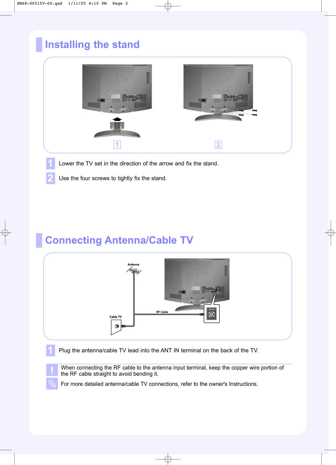 Samsung LN-R238W, LN-R328W, LN-R268W manual Installing the stand, Connecting Antenna/Cable TV 