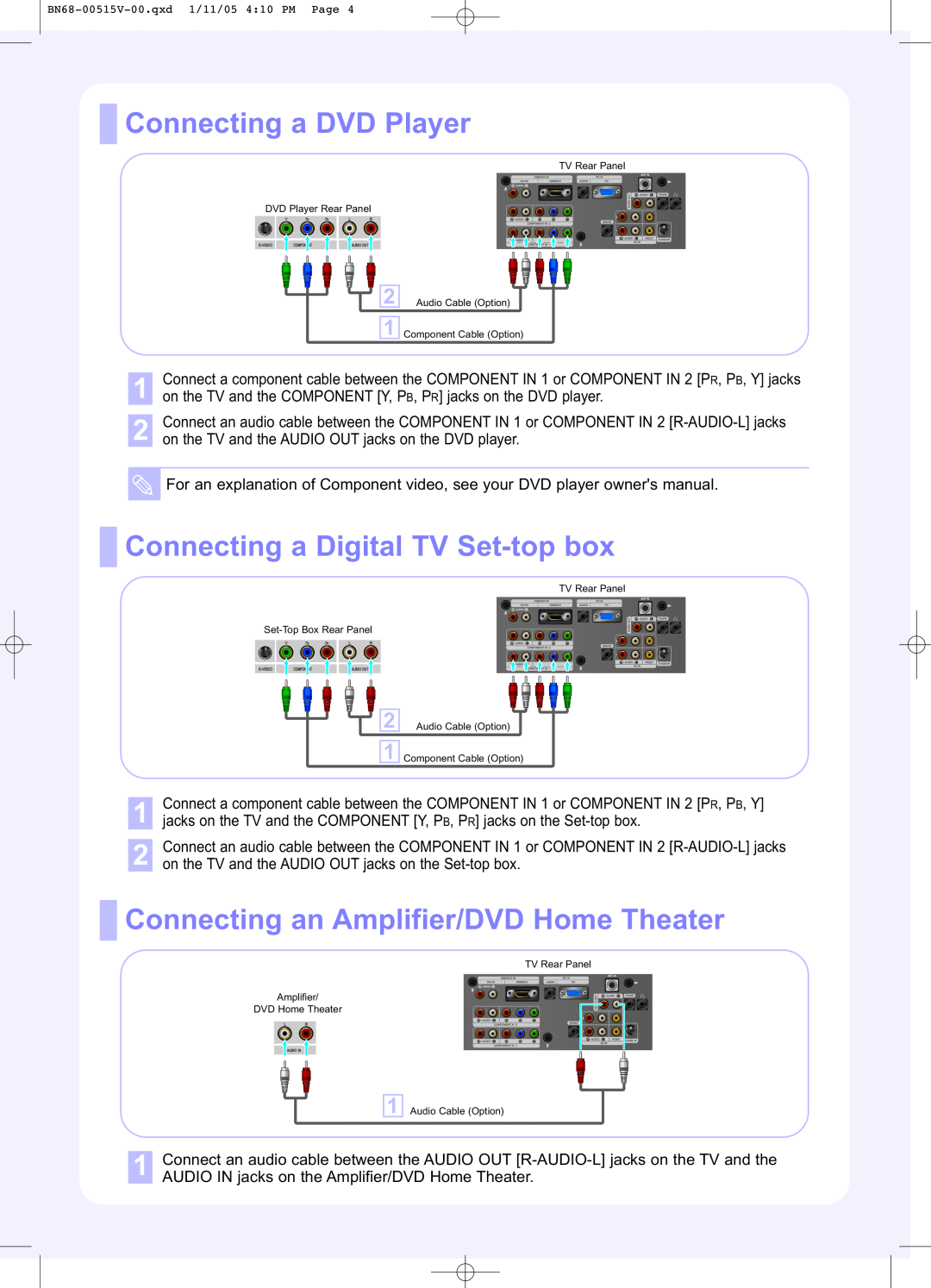 Samsung LN-R268W Connecting a DVD Player, Connecting a Digital TV Set-top box, Connecting an Amplifier/DVD Home Theater 