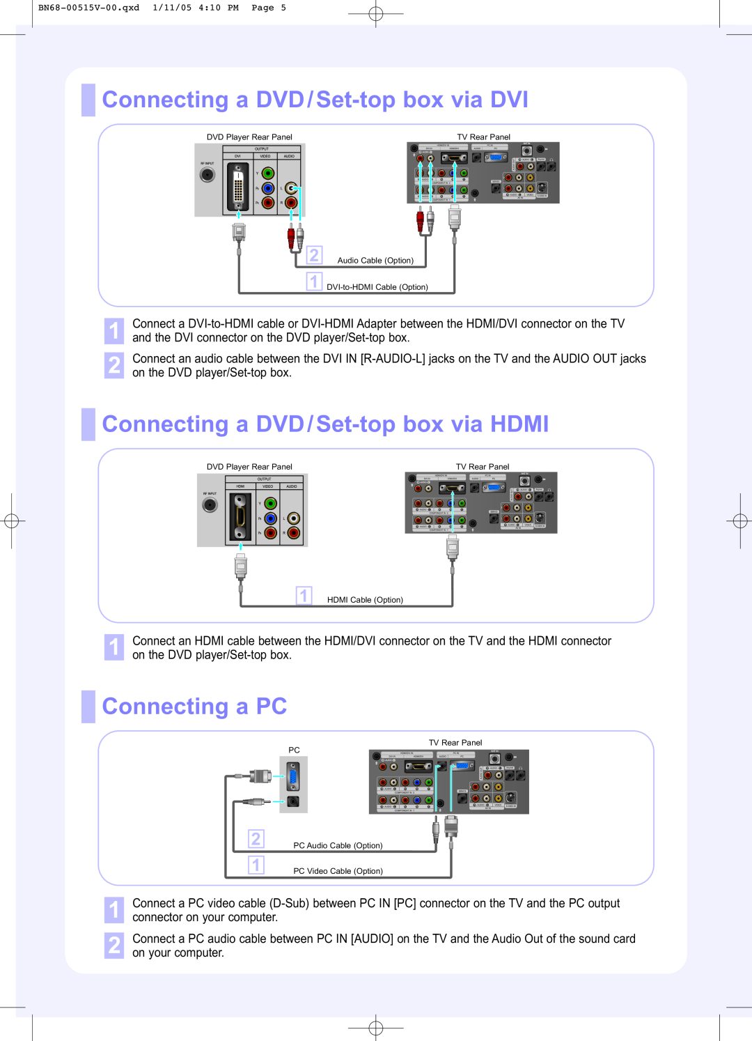 Samsung LN-R238W, LN-R328W Connecting a DVD/Set-top box via DVI, Connecting a DVD/Set-top box via HDMI, Connecting a PC 