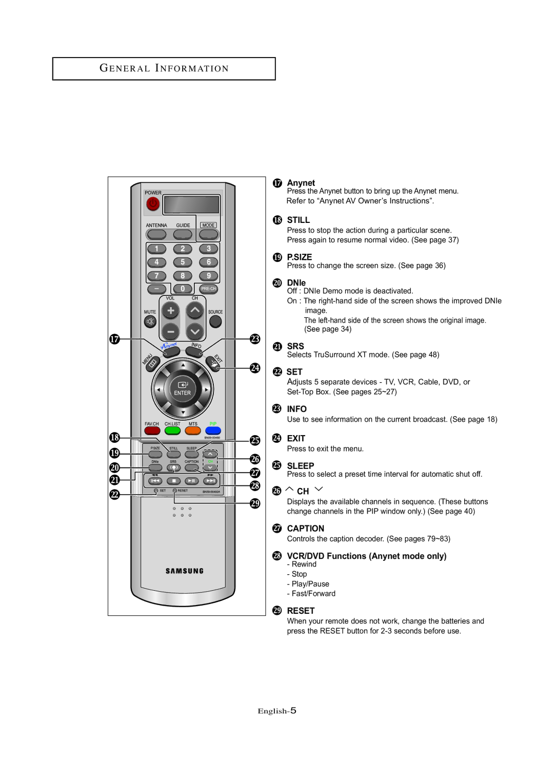 Samsung LN-R377D manual DNIe, VCR/DVD Functions Anynet mode only 