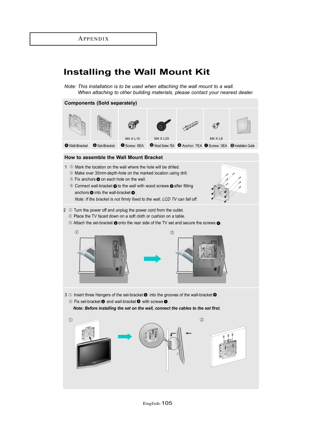 Samsung LN-R377D manual Components Sold separately, How to assemble the Wall Mount Bracket 