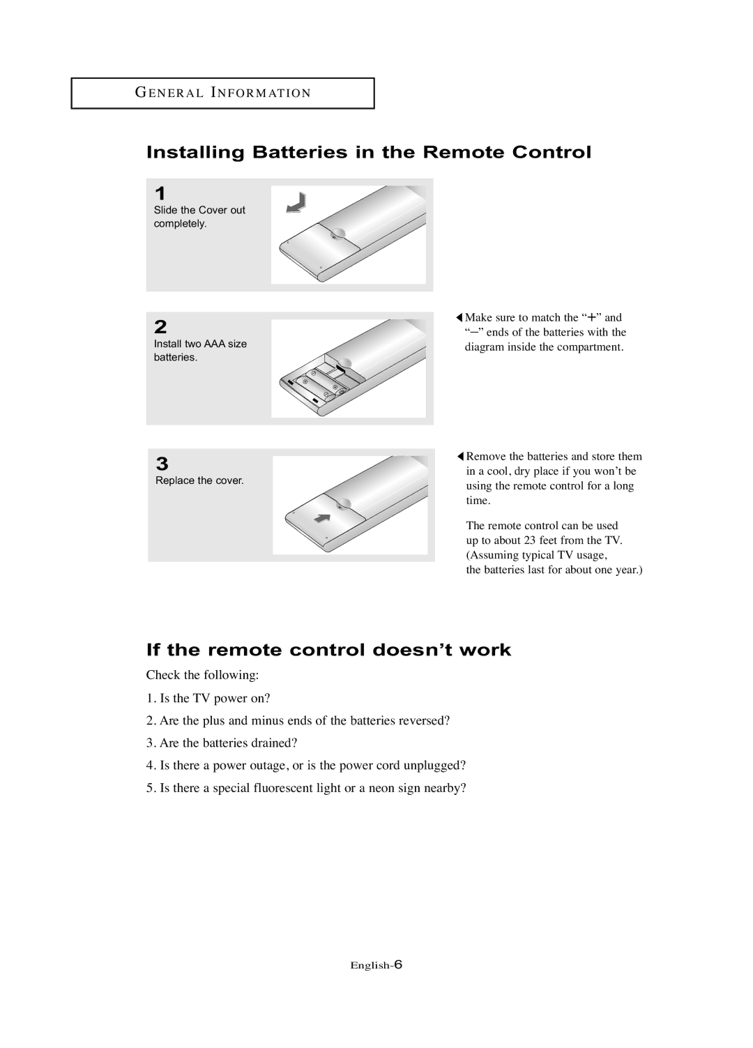 Samsung LN-R377D manual Installing Batteries in the Remote Control, If the remote control doesn’t work 