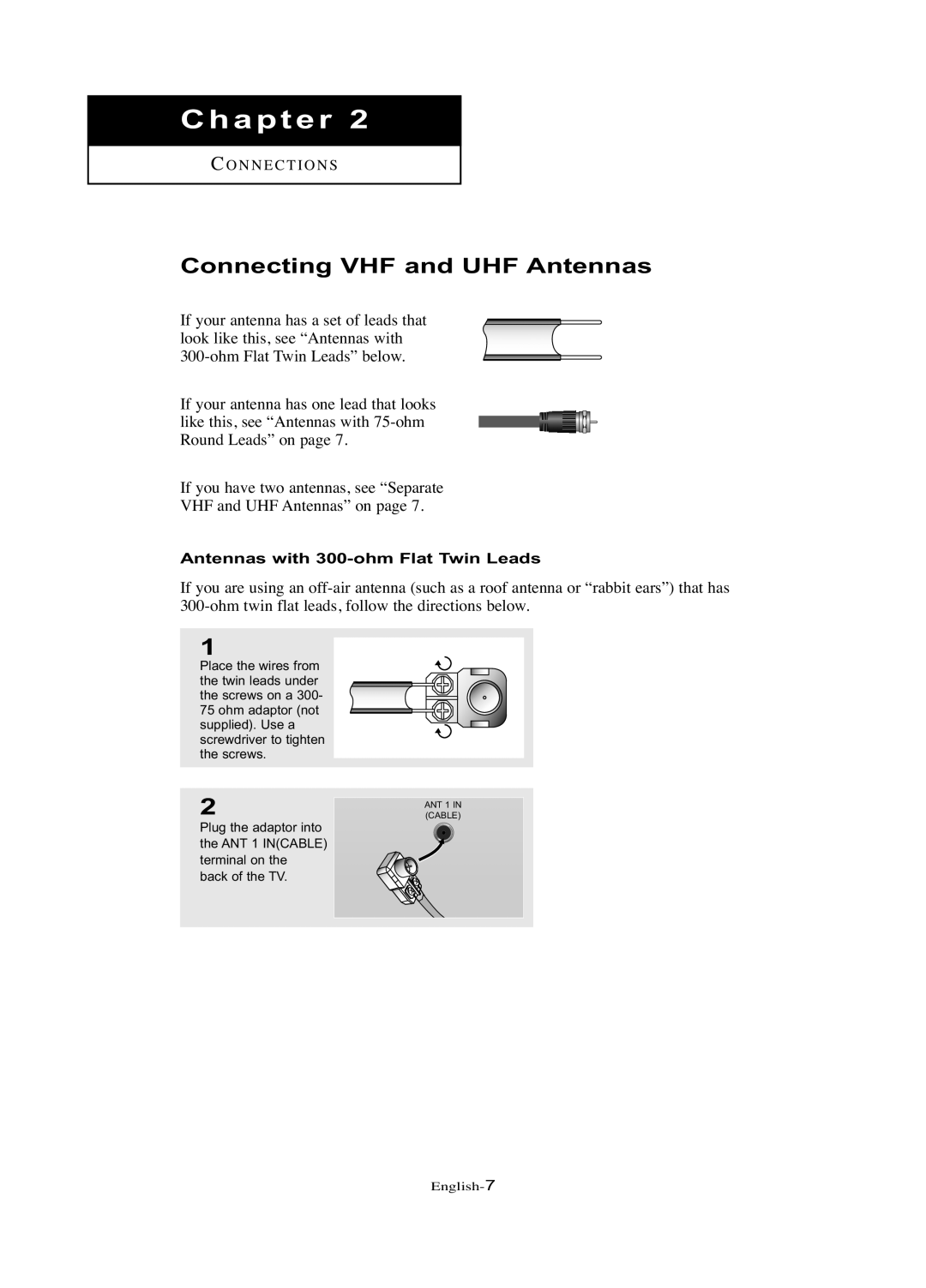 Samsung LN-R377D manual Connecting VHF and UHF Antennas, Antennas with 300-ohm Flat Twin Leads 