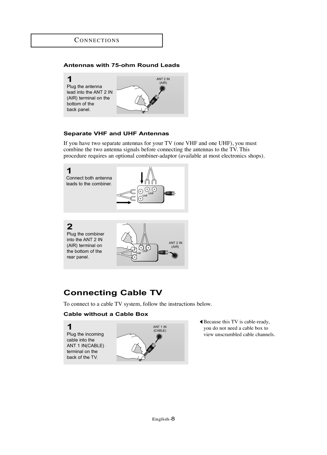 Samsung LN-R377D manual Connecting Cable TV, Antennas with 75-ohm Round Leads, Separate VHF and UHF Antennas 