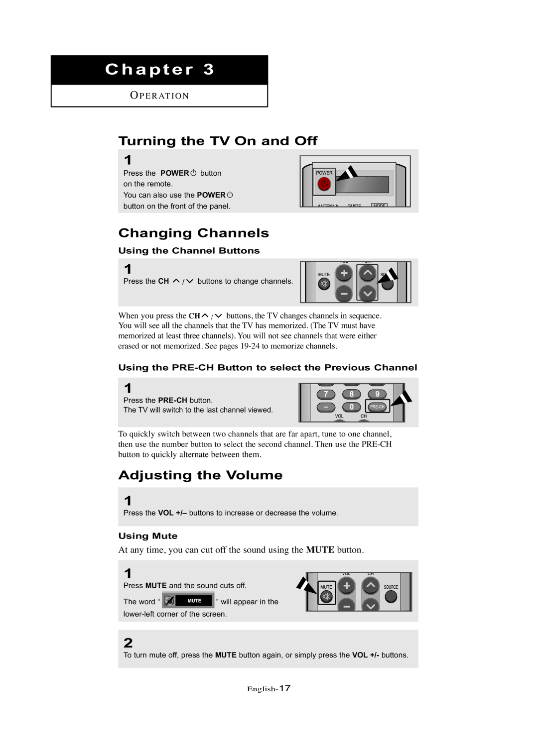 Samsung LN-R377D manual Turning the TV On and Off, Changing Channels, Adjusting the Volume 