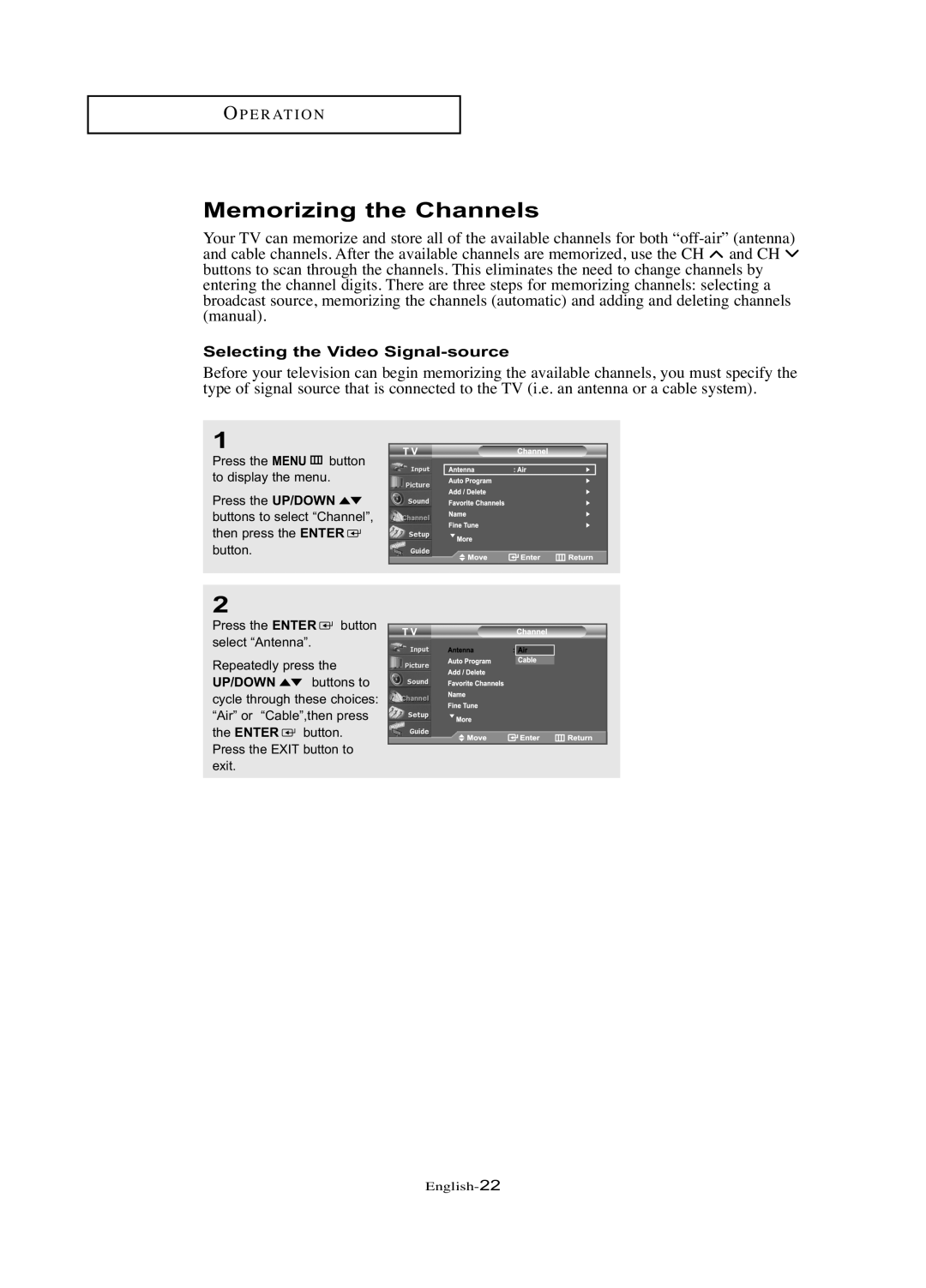 Samsung LN-R377D manual Memorizing the Channels, Selecting the Video Signal-source 