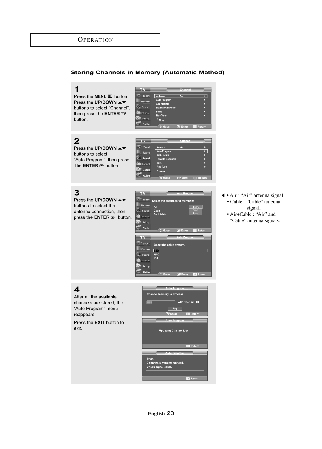 Samsung LN-R377D manual Storing Channels in Memory Automatic Method 