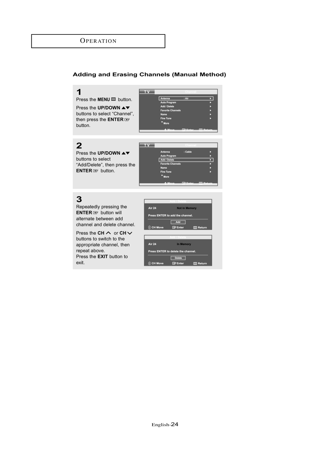 Samsung LN-R377D manual Adding and Erasing Channels Manual Method 