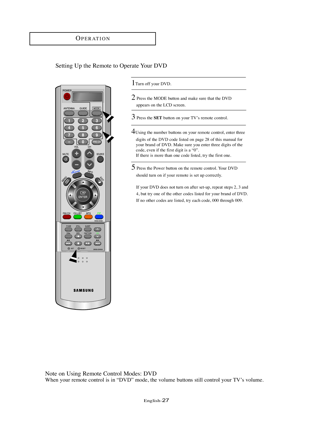 Samsung LN-R377D manual Setting Up the Remote to Operate Your DVD 