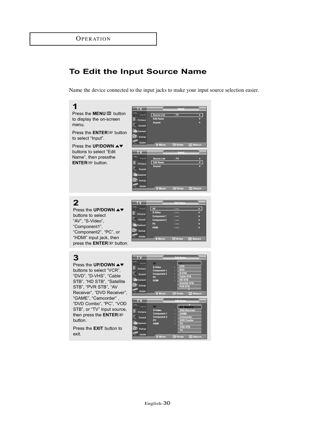 Samsung LN-R377D manual To Edit the Input Source Name 