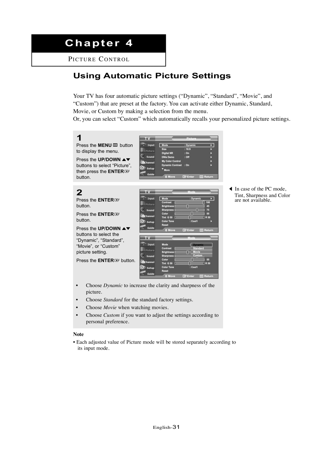 Samsung LN-R377D manual Using Automatic Picture Settings 