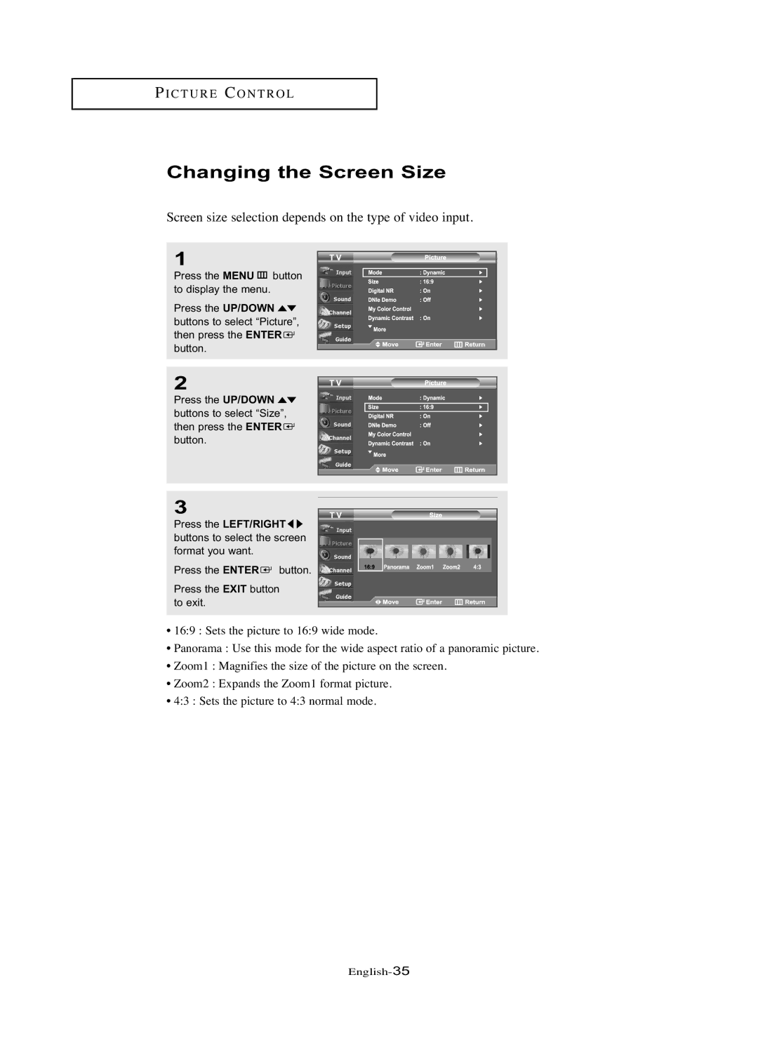 Samsung LN-R377D manual Changing the Screen Size, Screen size selection depends on the type of video input 