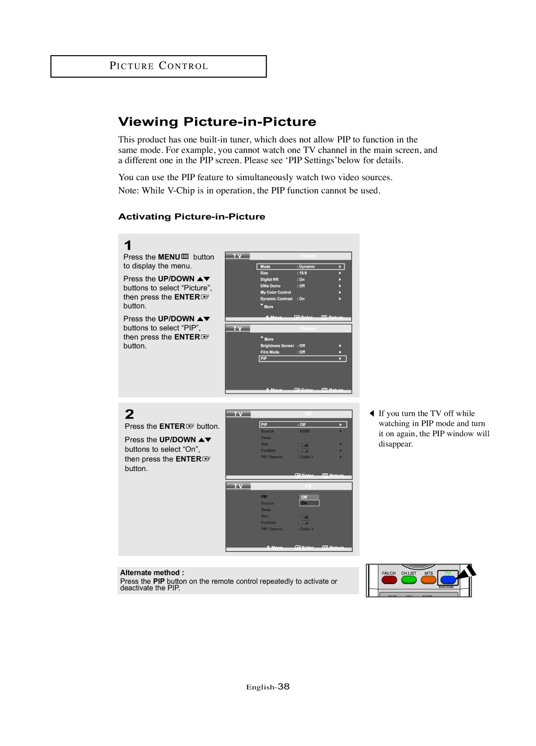 Samsung LN-R377D manual Viewing Picture-in-Picture, Activating Picture-in-Picture 