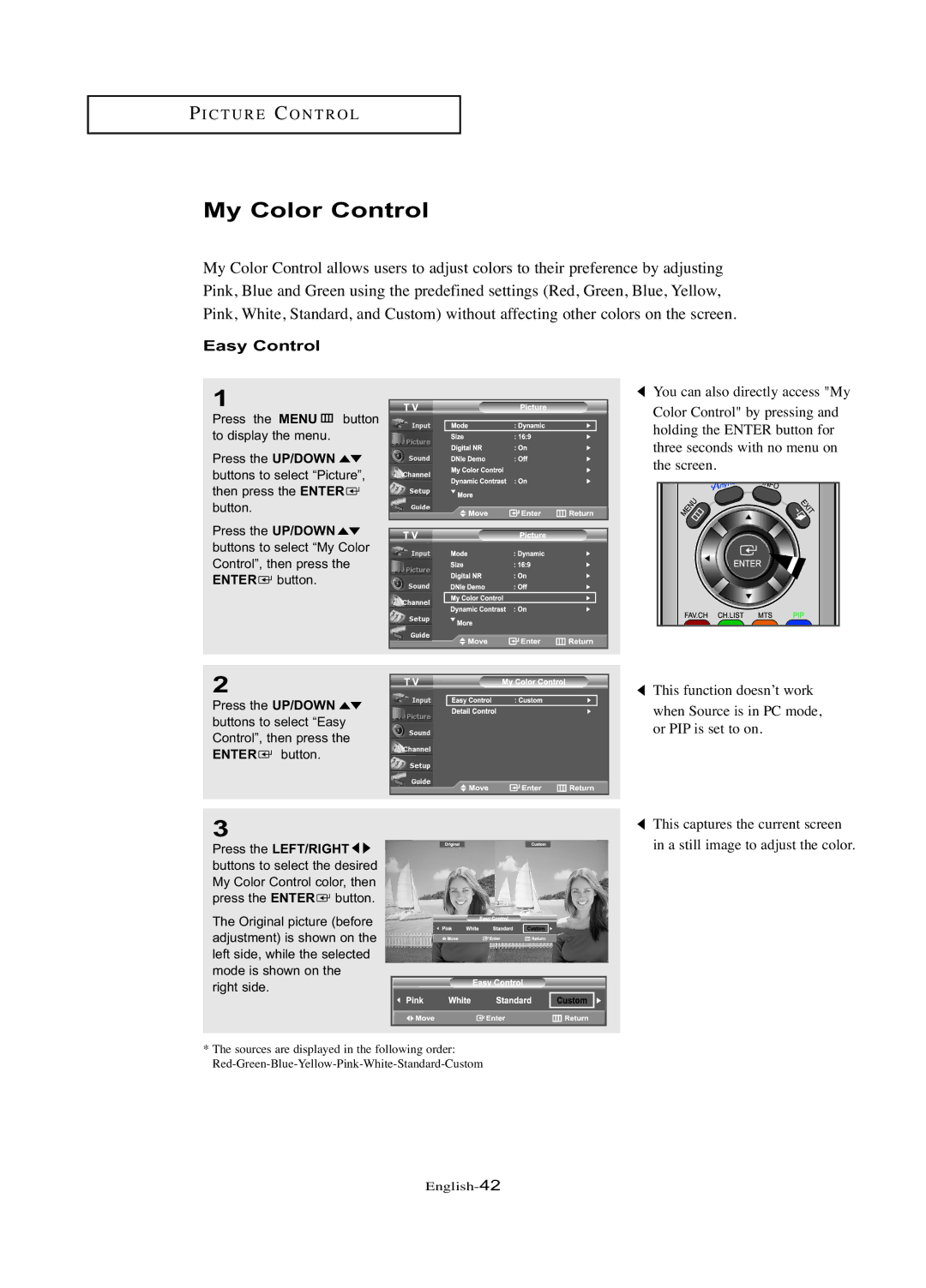 Samsung LN-R377D manual My Color Control, Easy Control 