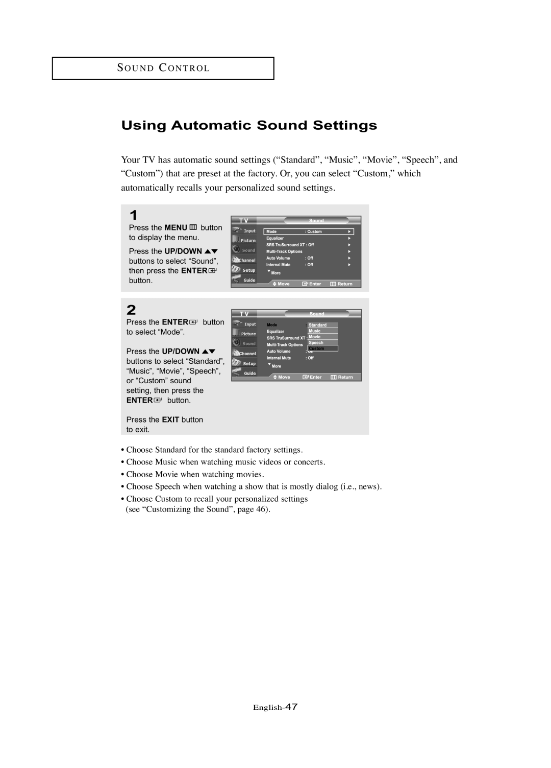 Samsung LN-R377D manual Using Automatic Sound Settings 