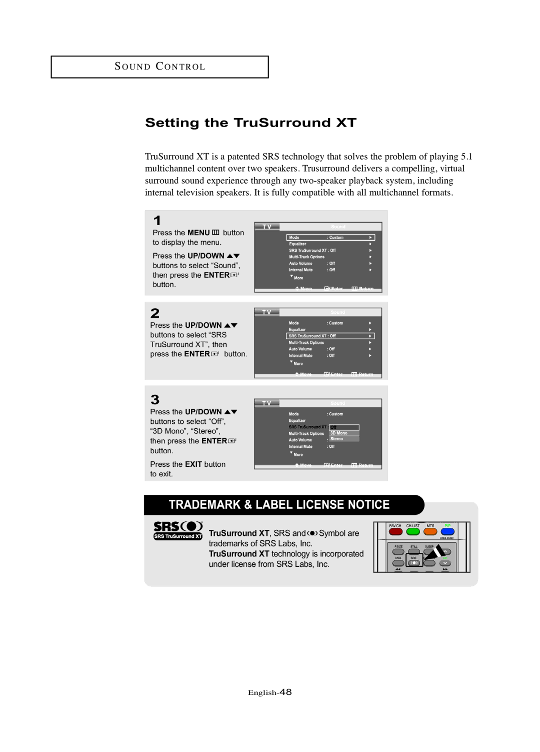 Samsung LN-R377D manual Setting the TruSurround XT, Trademark & Label License Notice 