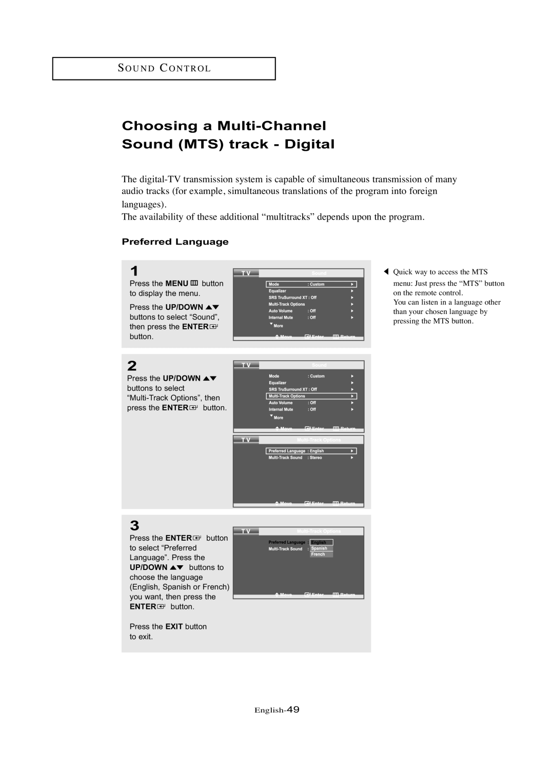 Samsung LN-R377D manual Choosing a Multi-Channel Sound MTS track Digital, Preferred Language 