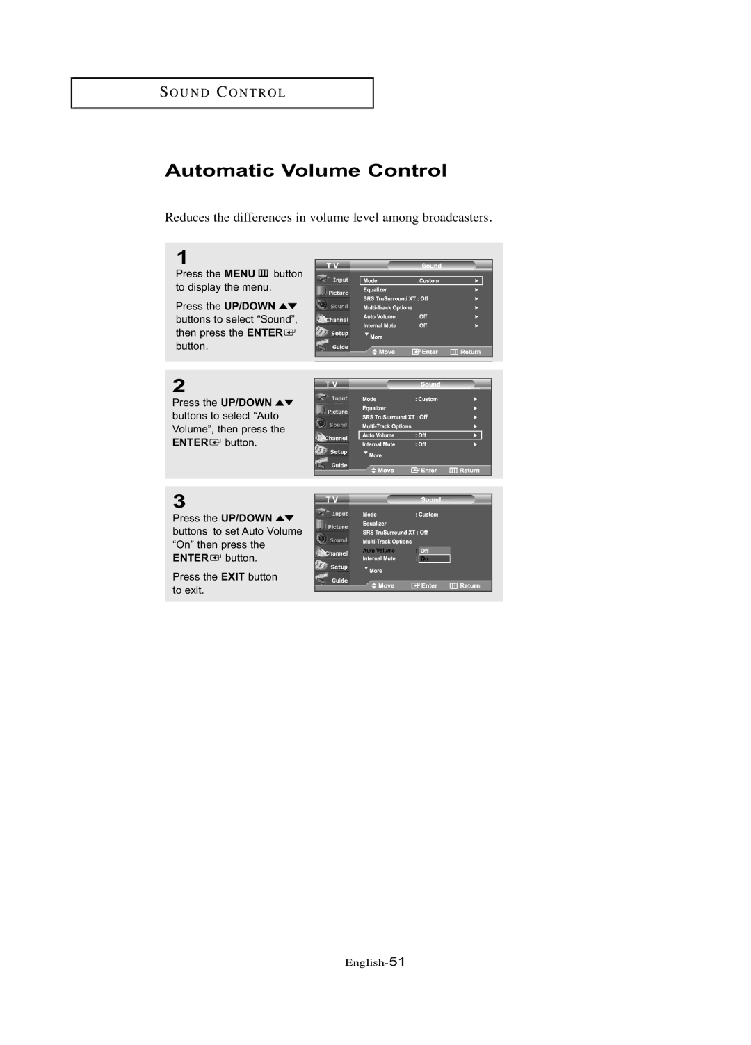 Samsung LN-R377D manual Automatic Volume Control, Reduces the differences in volume level among broadcasters 