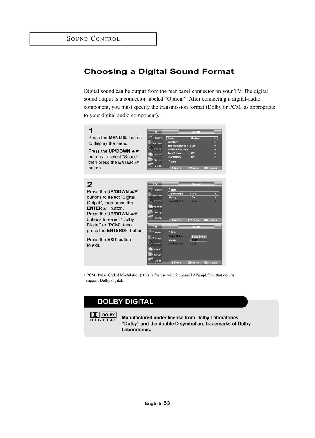 Samsung LN-R377D manual Choosing a Digital Sound Format, Dolby Digital 