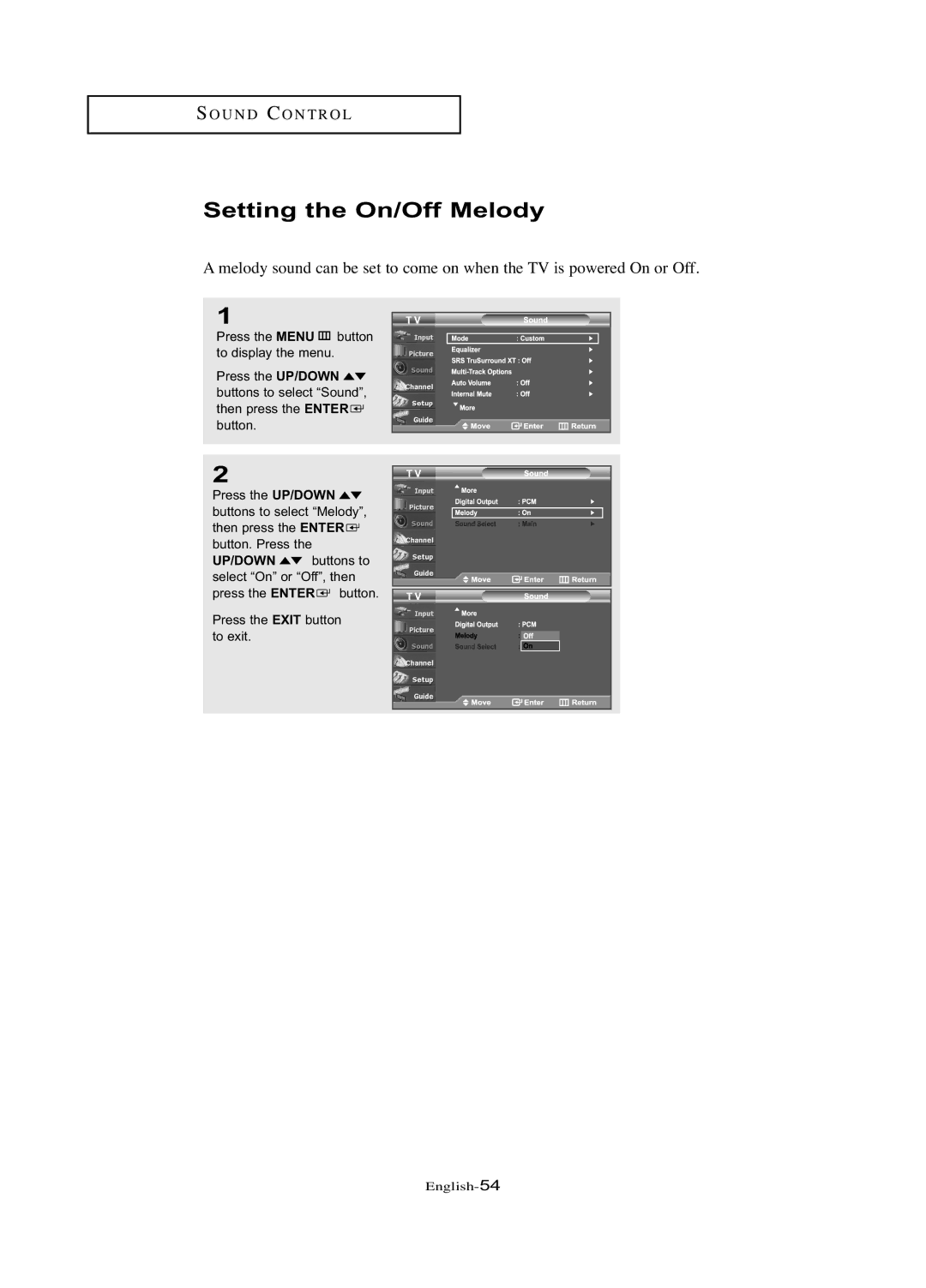 Samsung LN-R377D manual Setting the On/Off Melody 