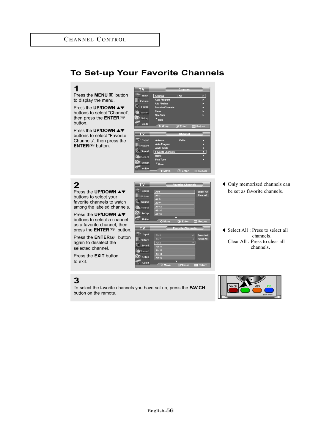 Samsung LN-R377D manual To Set-up Your Favorite Channels 