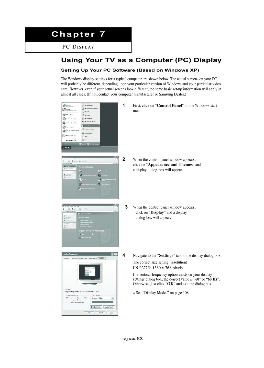 Samsung LN-R377D manual Using Your TV as a Computer PC Display, Setting Up Your PC Software Based on Windows XP 