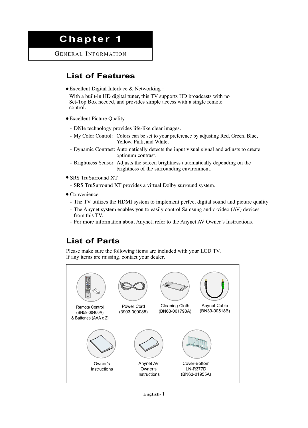 Samsung LN-R377D manual List of Features, List of Parts 