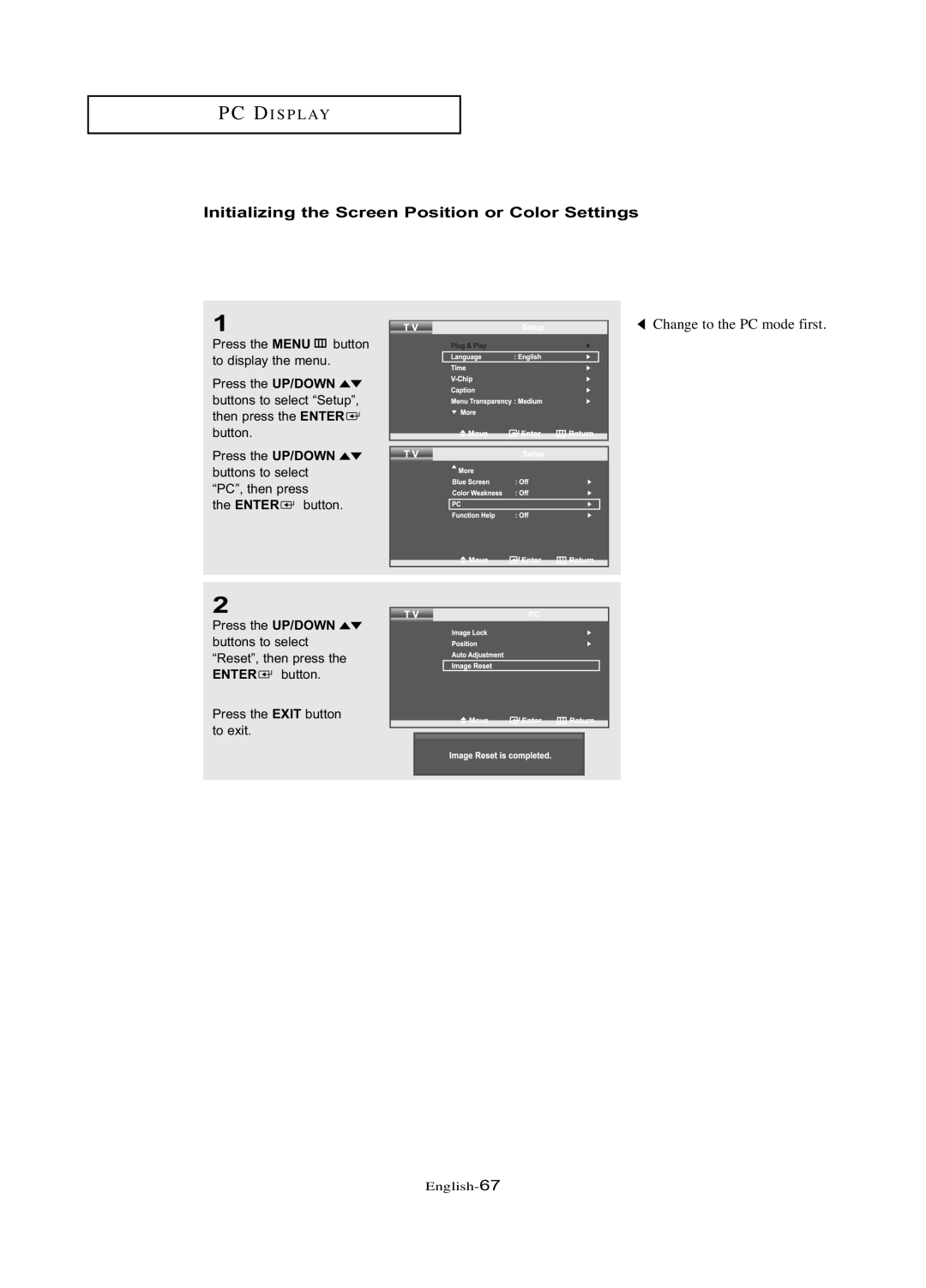 Samsung LN-R377D manual Initializing the Screen Position or Color Settings 