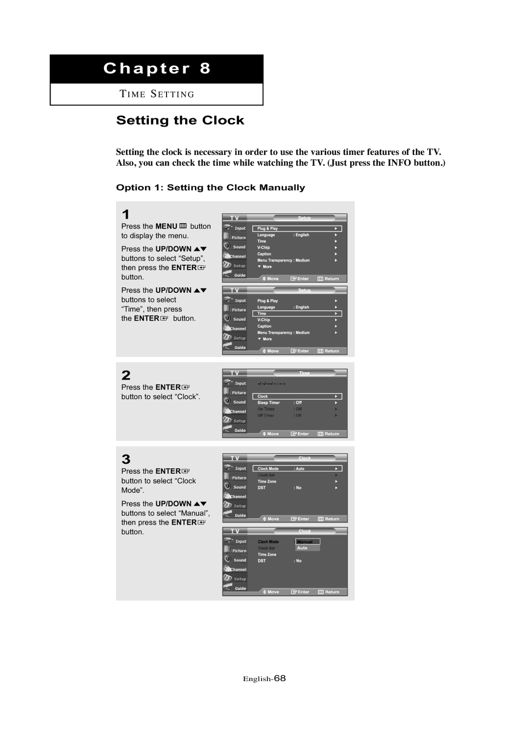 Samsung LN-R377D manual Option 1 Setting the Clock Manually 